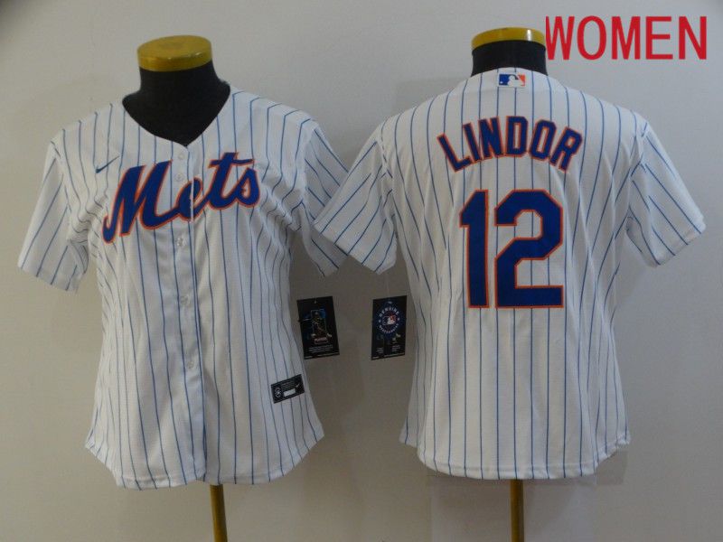 Women New York Mets #12 Lindor White stripe Game 2021 Nike MLB Jersey